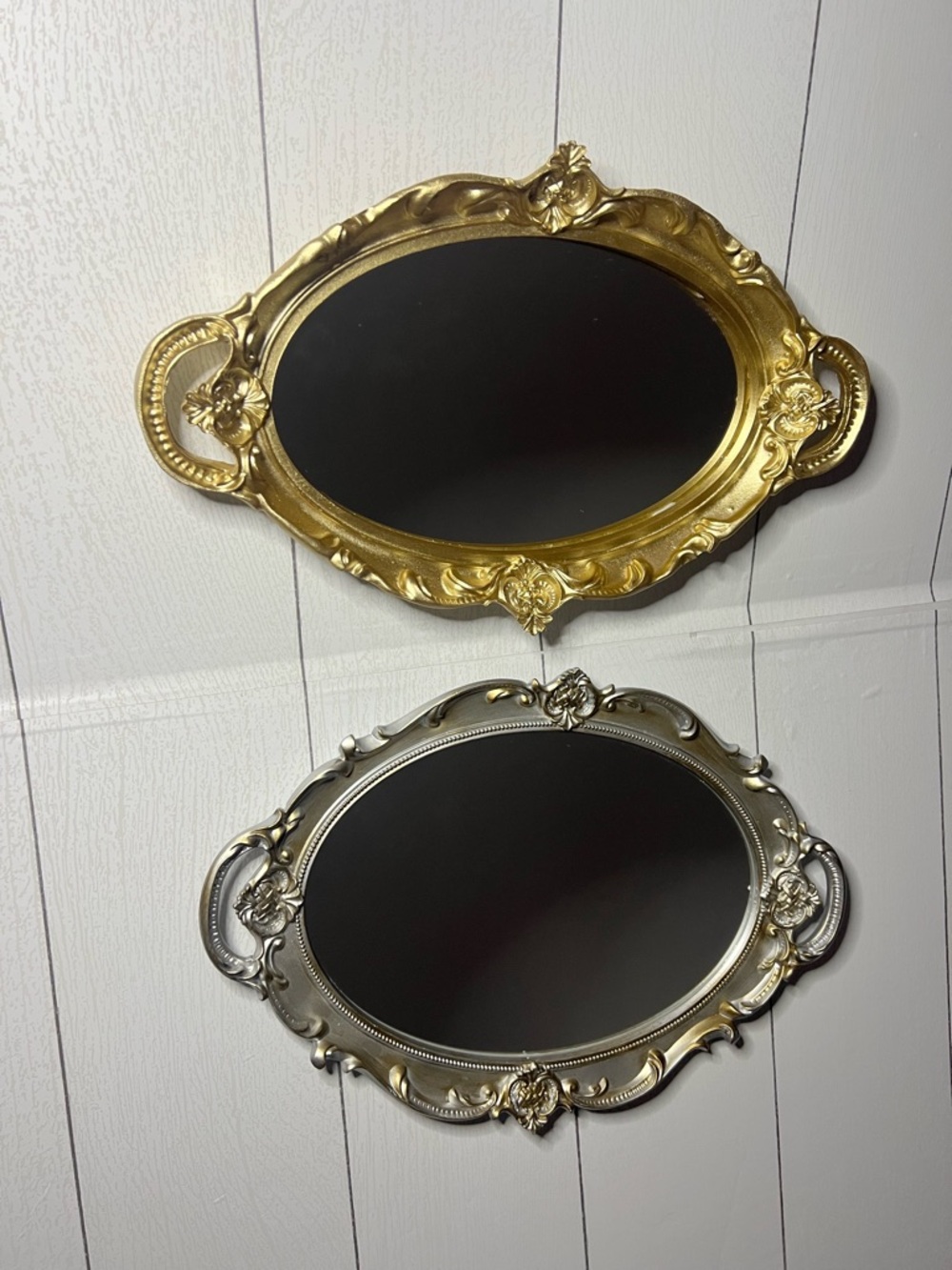 Ornate Gold and Silver Oval Vanity Mirrors - Elegant Decorative Set